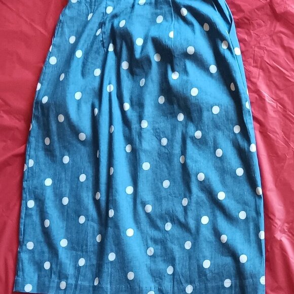 BLUE COTTON MIDI SASH BELTED POLKA DOT, SKIRT, S, W/WHITE PEPLUM COTTON BLOUSE - Picture 4 of 5